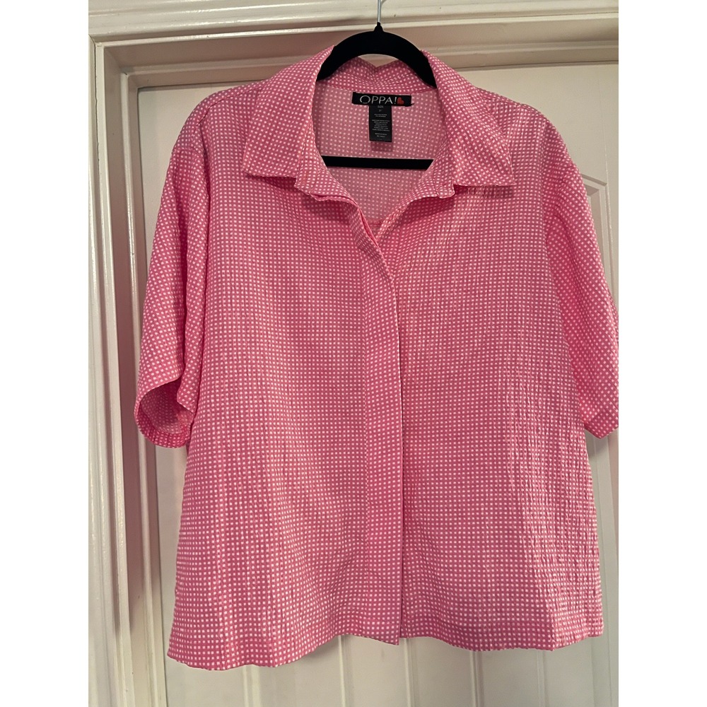 OPPA! Gingham Button Down Shirt Womens 2X Pink Seersucker Short Sleeve Crinkle